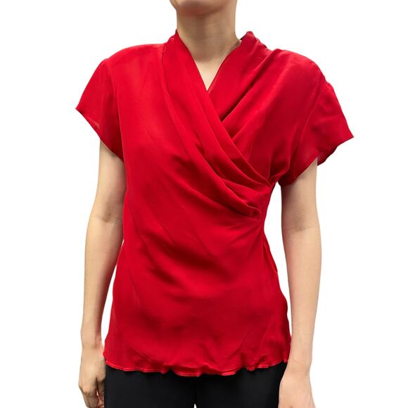 Vintage Other - Vintage Red Faux Wrap Draped V Neck Button Back Blouse